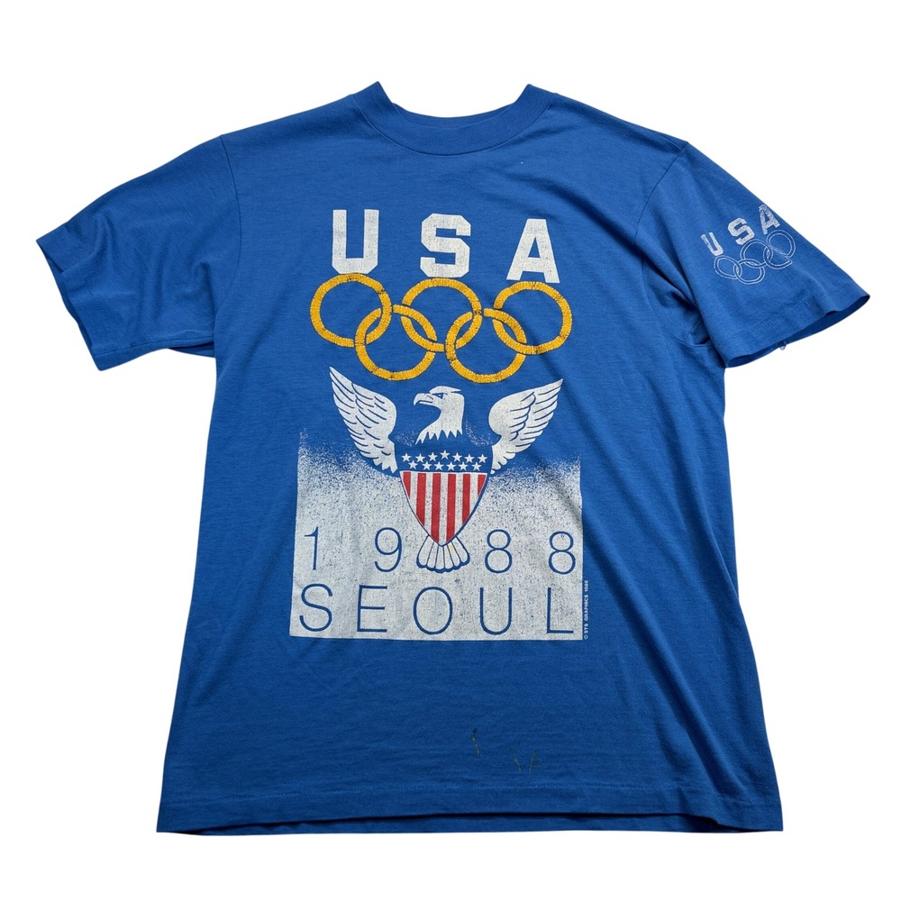 Vintage Hanes 1988 Seoul Olympics T Shirt Mens M USA Graphic Blue Single Stitch